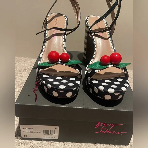 Betsey Johnson Black & White Polka Dot Platforms with Red Cherry Accent - Picture 4 of 6